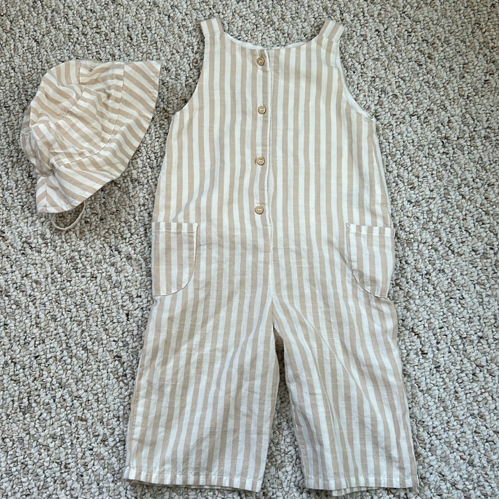 H&M tan and white striped overall romper with sun hat 9-12 months - Picture 1 of 6